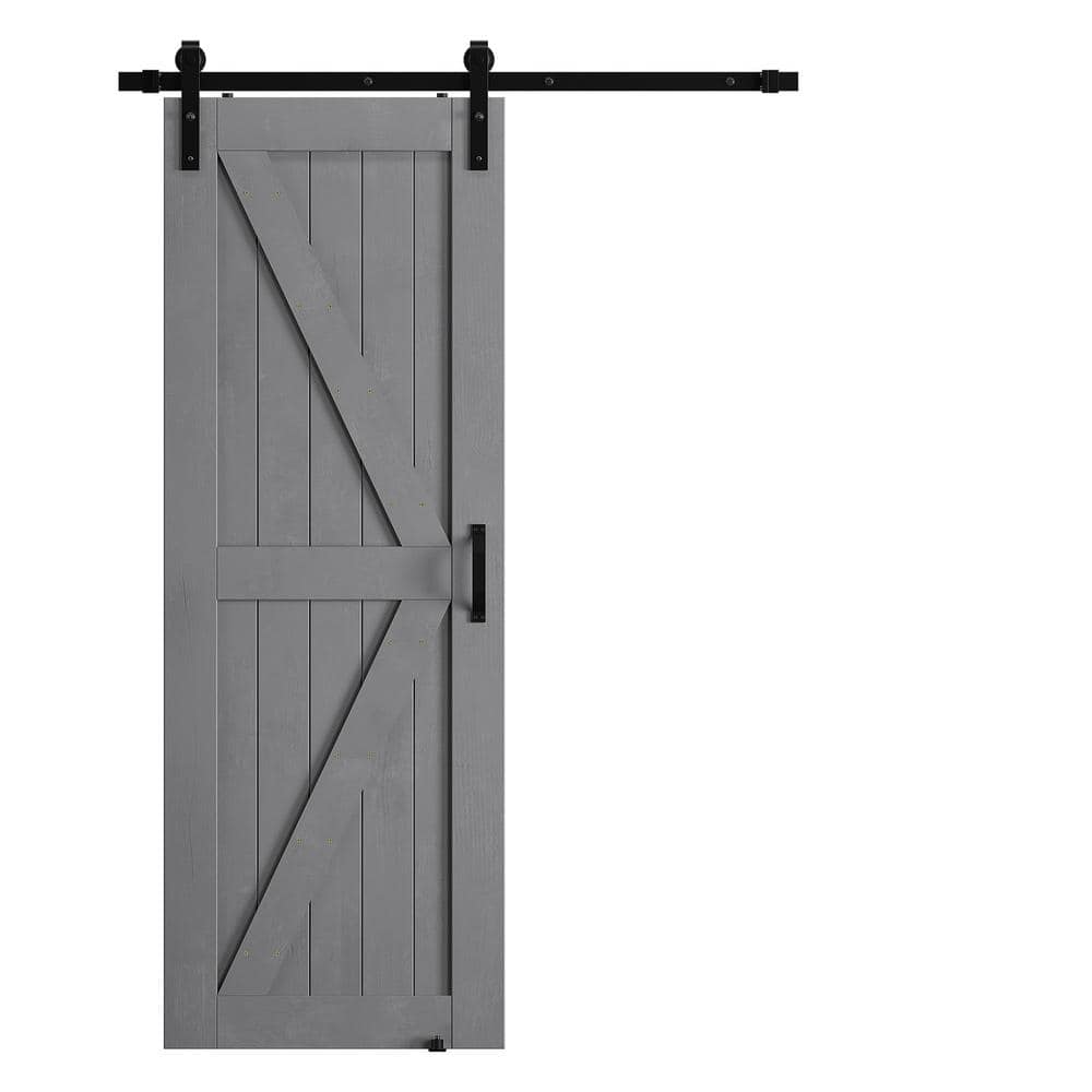 28 in. x 84 in. Grey Wood K-Shaped Natural Solid Finished Interior Sliding 