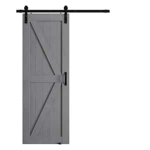28 in. x 84 in. Grey Wood K-Shaped Natural Solid Finished Interior Sliding Barn Door with Hardware Kit