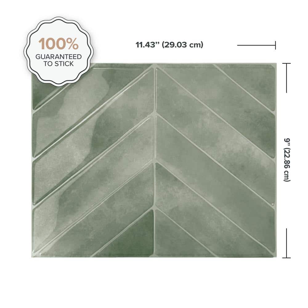 Chevron Solna Green Glossy Peel and Stick Backsplash Tile Set