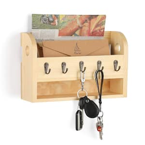 Mail and Key Holder for Wall with 5-Key Hooks Rustic Wall Mail Sorter with Shelf Natural Wood Color