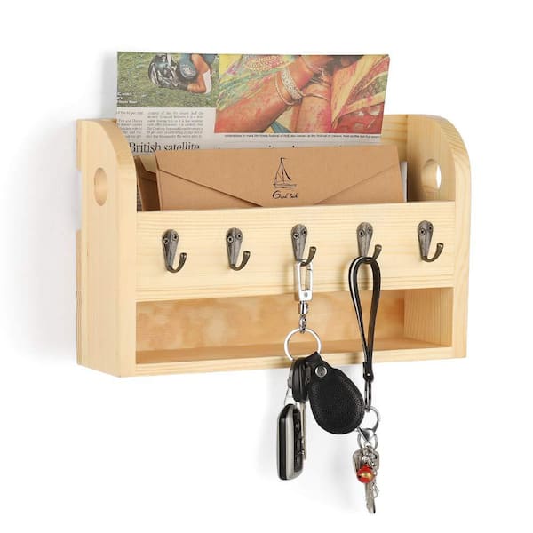 Mail and Key Holder for Wall with 5 Key Hooks Rustic Wall Mail Sorter with Shelf Natural Wood Color