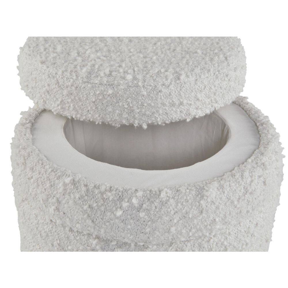 Ivory White Round Storage Ottoman with Textured Fabric