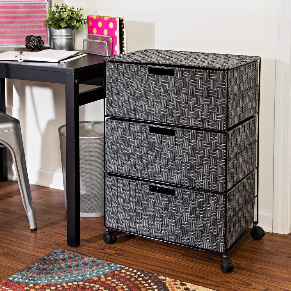 Black and White Woven 3-Drawer Rolling Storage Chest