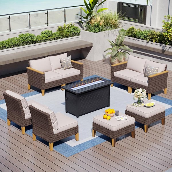 PHI VILLA Brown Wicker Rattan 8 Seat 9-Piece Steel Outdoor Patio Conversation Set with Beige Cushions, Rectangular Fire Pit Table