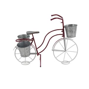 23 in. Red Metal Bike Indoor Outdoor Plantstand with Basket and Saddle Bag Planters