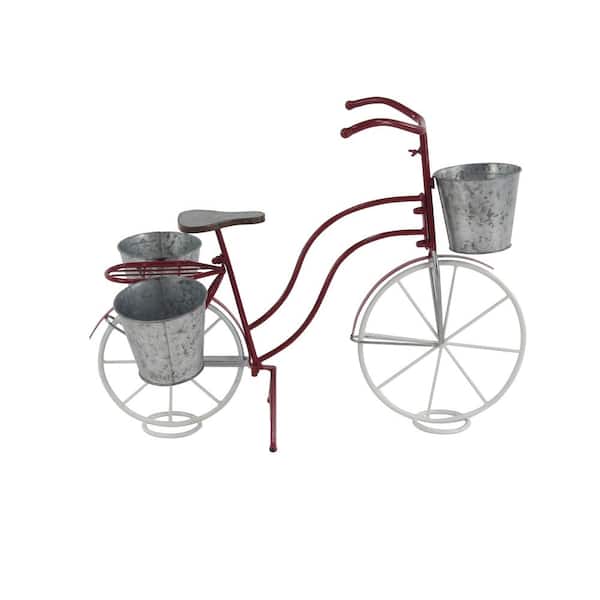 Litton Lane 23 in. Red Metal Bike Indoor Outdoor Plantstand with Basket and Saddle Bag Planters