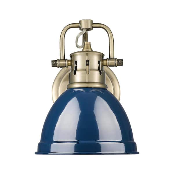 Duncan 8.25 in. 1-Light Aged Brass Vanity Light with Blue Shade