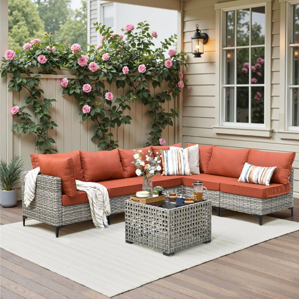 Reno 7-Piece Wicker Outdoor Patio Sectional Furniture Set with a Solar-Lighted Table and Orange Red Cushions price history on PriceWatchPro