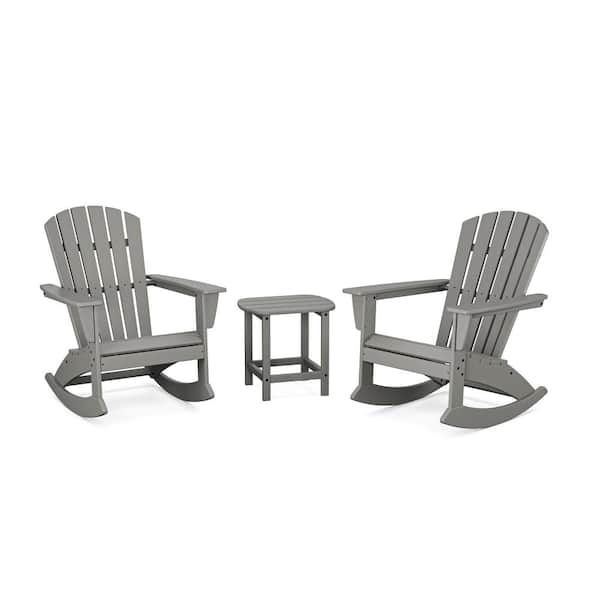 POLYWOOD Grant Park Slate Grey 3-Piece HDPE Plastic Adirondack Outdoor Rocking Chair Patio Conversation Set