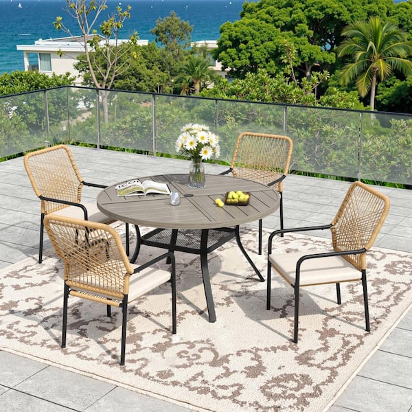 5-Piece Metal Outdoor Dining Set with 40.6 in. Gray Wood-Like Round Table and 4 Woven Rattan Chairs with Beige Cushions