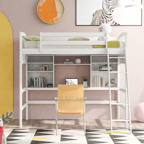 White Twin Size Wood Loft Bed with Storage Shelves, Desk and Ladder