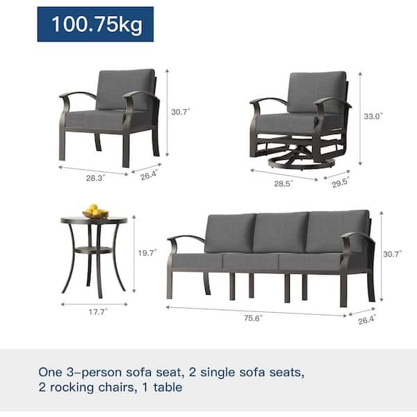 7-Piece Aluminum Patio Conversation Set with Armrest, Propane Fire Pit Table, Swivel Rocking Chairs and Cushion Grey