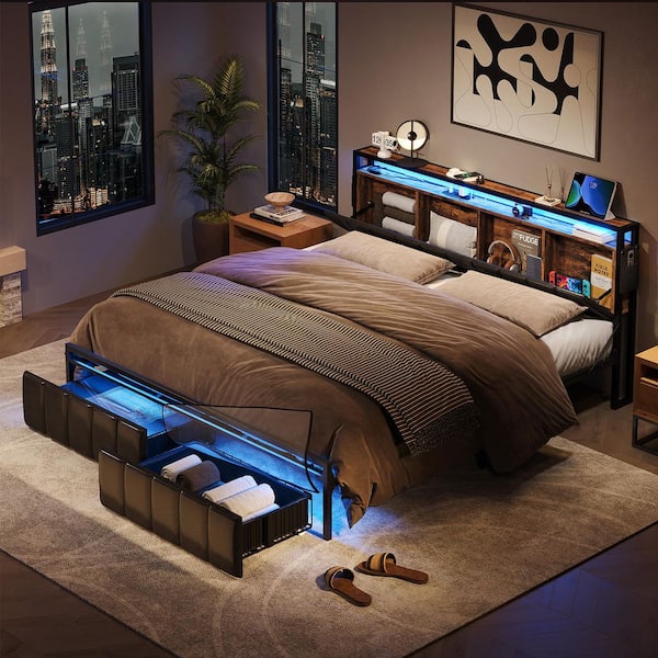 Brown Metal Frame Queen Size Platform Bed with Charge Station and Storage Headboard and Drawers Rustic