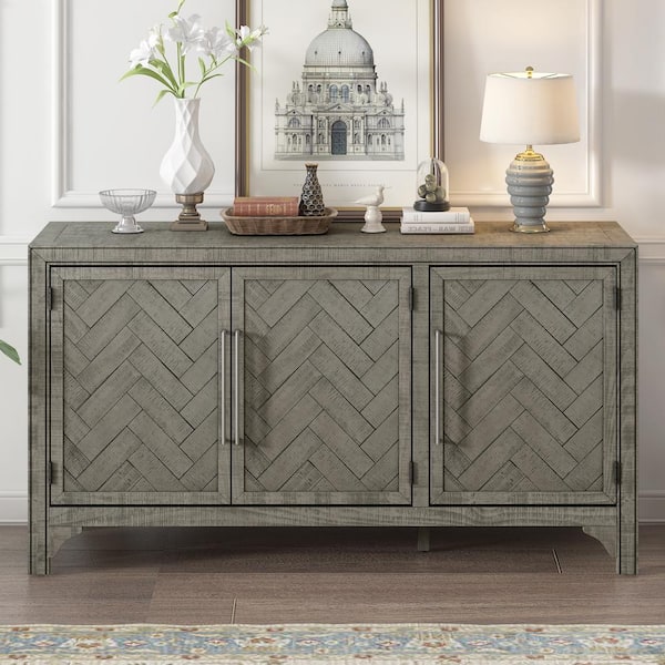 Harper & Bright Designs Gray Wood 60 in. 3-Door Rustic Sideboard with Adjustable Shelves and Long Handles