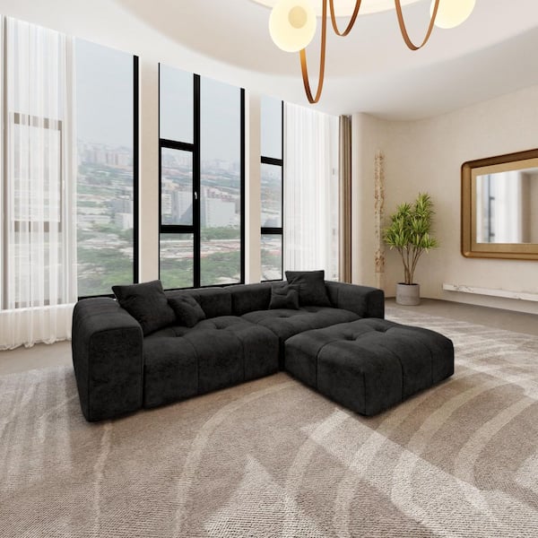 Oversized Deep Seat Linen Sectional Sofa 3-Piece Modular Free Combination Living Room Set with Ottoman in Black