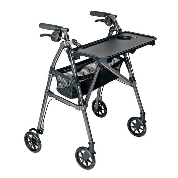 Stander Wonder Indoor Rollator, 4-Wheel Lightweight Folding Walker with Tray in Black Walnut