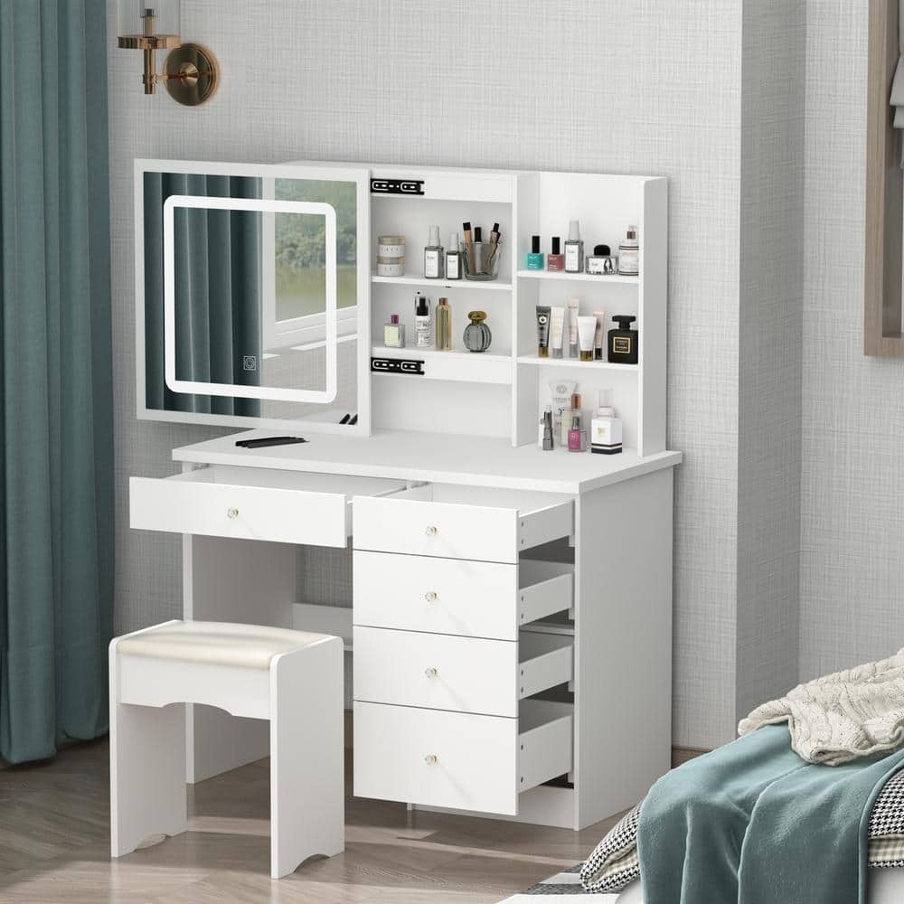 5-Drawers White Wood Makeup Vanity Sets Dressing Table Sets With LED Push-Pull Mirror, Stool and Storage Shelves - thumbnail 9