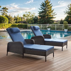 Brown Wicker Outdoor Folding Chaise Lounge Chair Fully Flat for Patio with CushionGuard Blue Seat Back Cushion