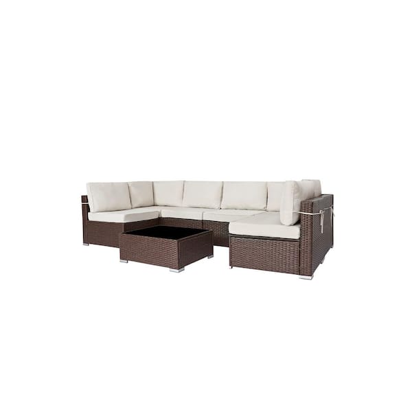 SUNVIVI 7-Pieces Steel Frame Patio Furniture Set and Tempered Glass Coffee Table with Warm Grey Cushions