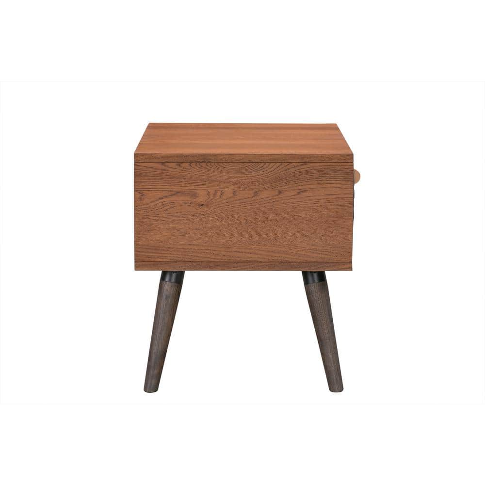 Rustic Oak & Black Leather Tufted 1-Drawer Nightstand