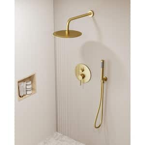 Single Handle 10 in. Round Wall Mount 2-Spray Shower Faucet 2.5 GPM with Pressure Balance Valve in Brushed Gold