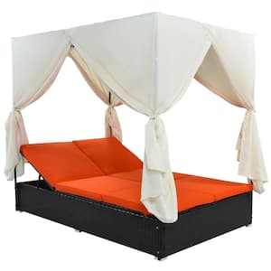 PE Wicker Outdoor Patio Day Bed, Chaise Lounge Sunbed with Removable Canopy Curtain and Adjustable Seat, Orange Cushion