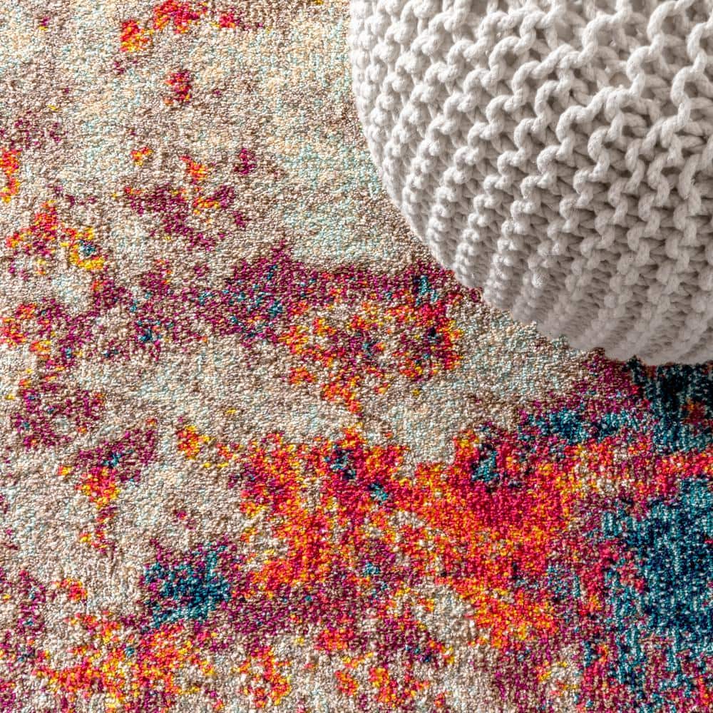 Modern Abstract Cream/Blue Synthetic 5'x8' Easy-Care Area Rug