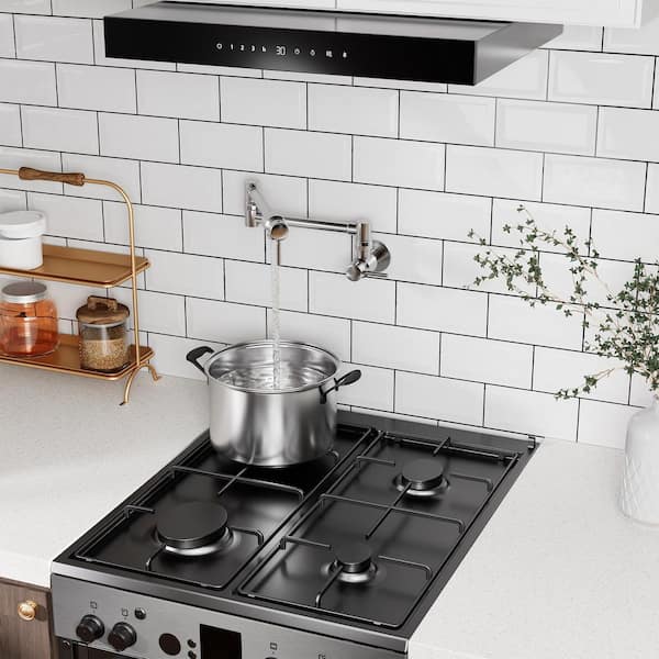 All-in-One Residential Wall Mount Folding Pot Filler Faucet with Dual Handles and Neoperl Aerator in Chrome