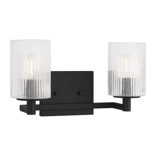 Generation Lighting Lando 14.25 in. W x 7.75 in. H 2-Light Midnight Black Bathroom Vanity Light with Clear Fluted Glass Shades