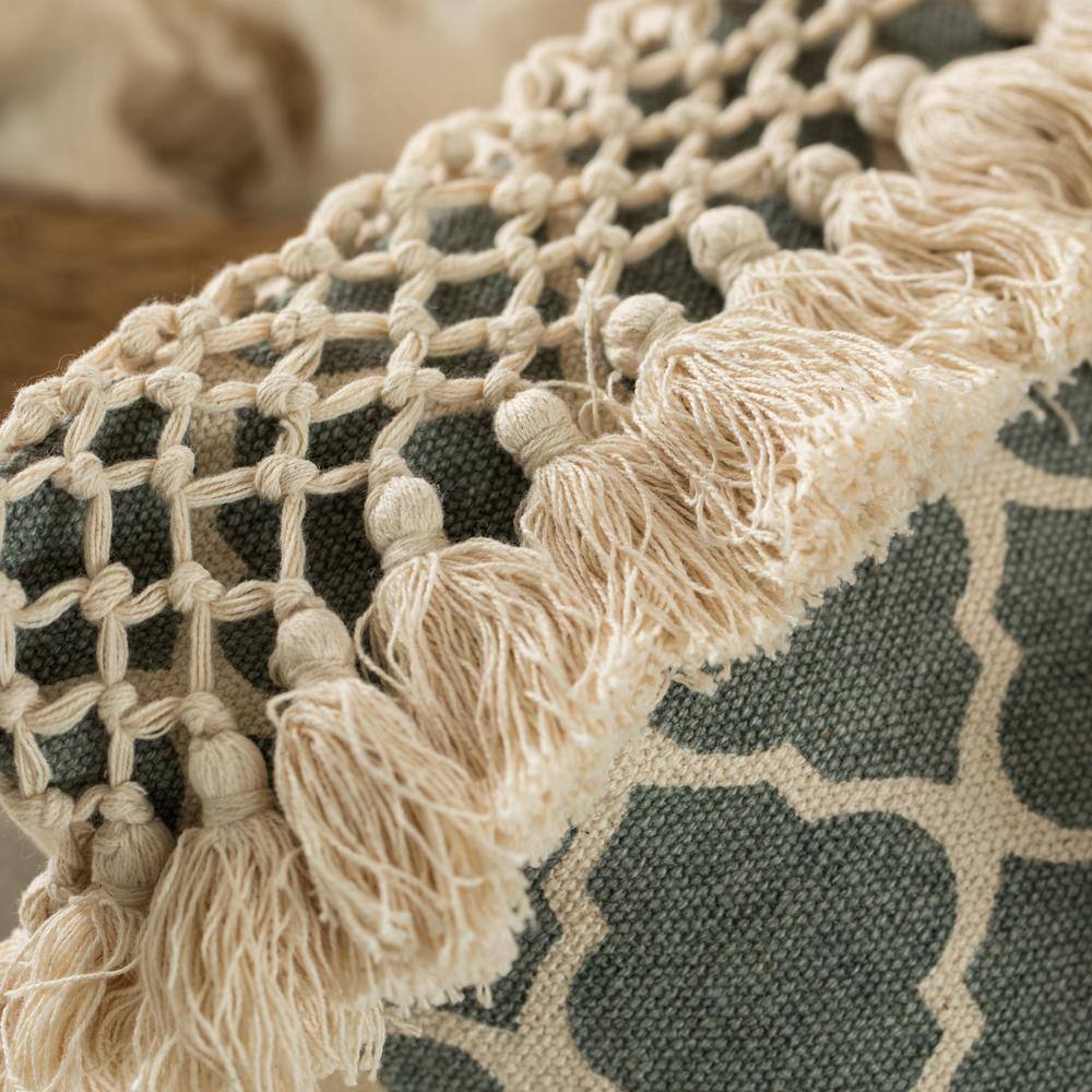 Handwoven Green Cotton Throw Pillow with Tasseled Trim