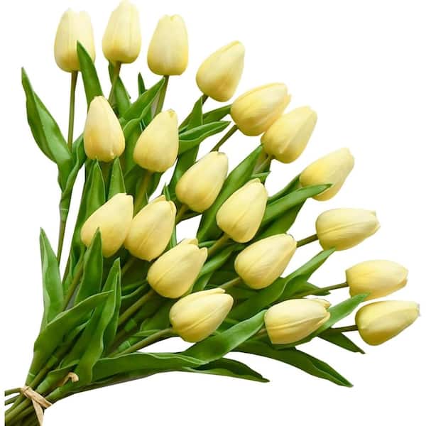 Artificial Light Yellow Tulips 20 Pcs – 13.5 Inch PU Faux Flowers with Bendable Stems