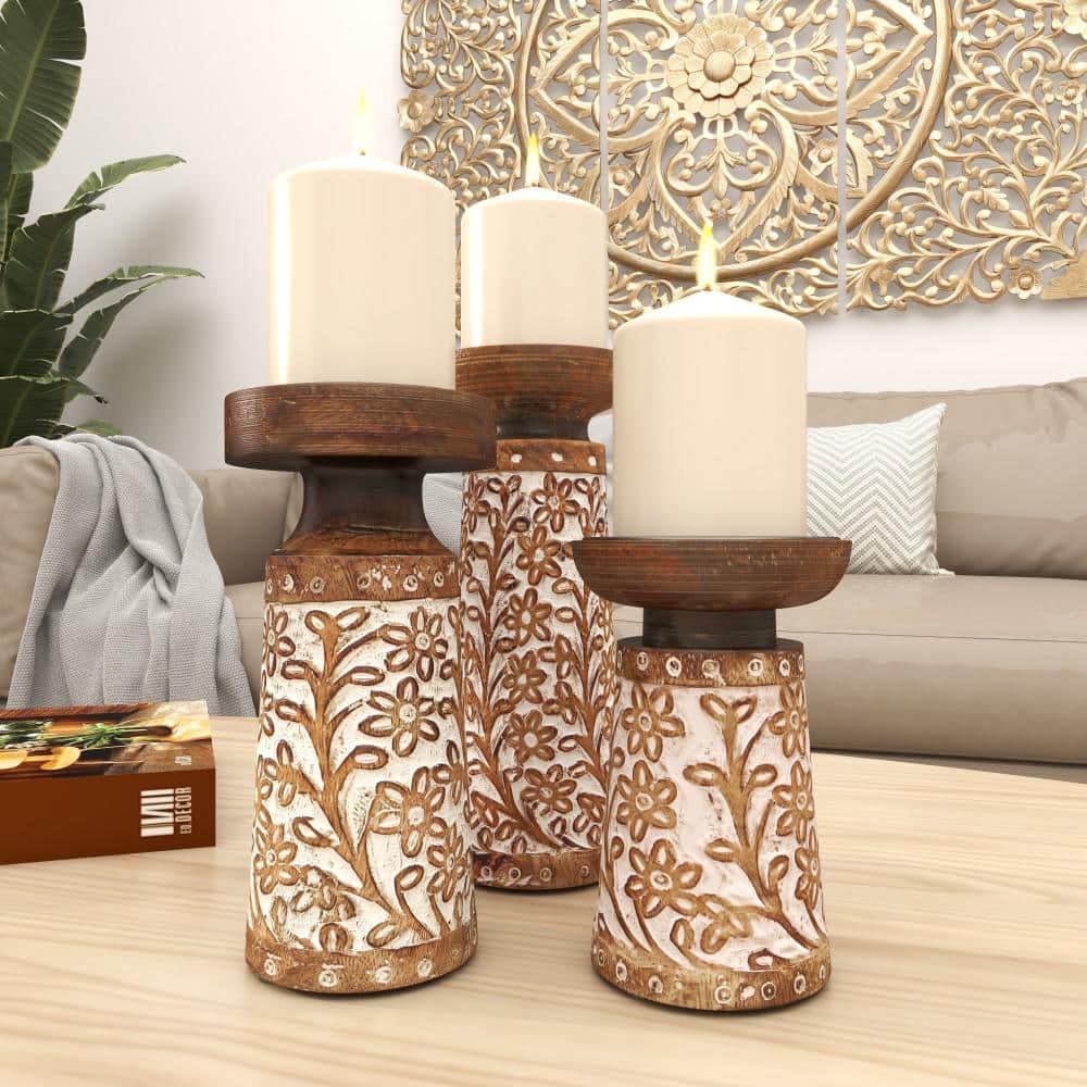 Coastal Charm Mango Wood Carved Pillar Candle Holders, Set of 3
