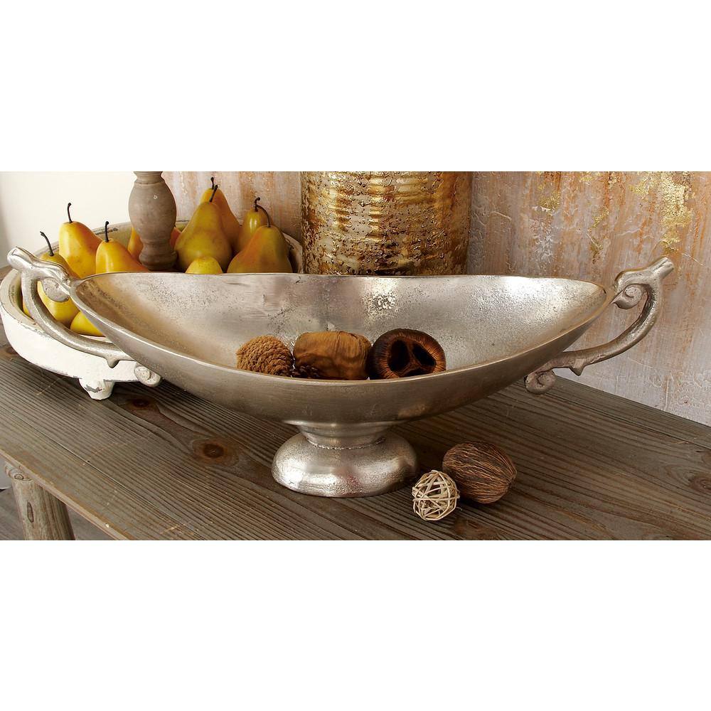 Silver Aluminum Decorative Bowl with Ornate Handles and Stand