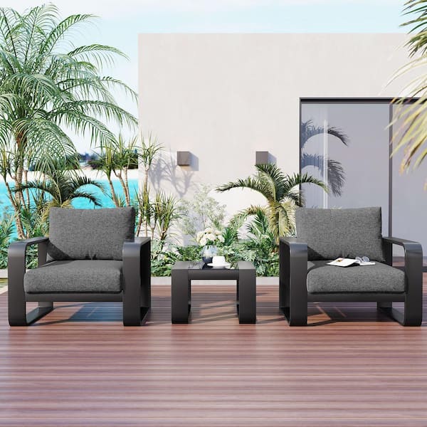 Zeus & Ruta 3-Piece Wicker Patio Conversation Set with Gray Cushions and Coffee Table for Garden, Backyard