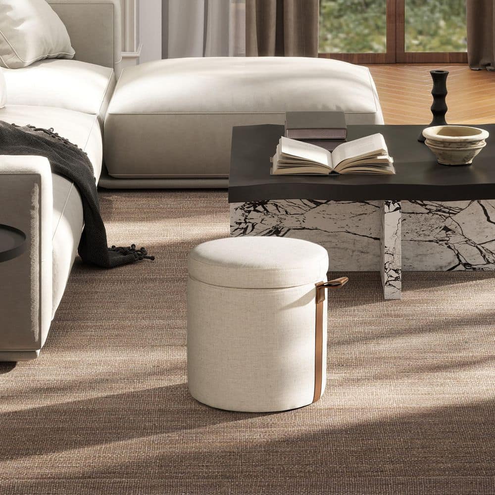 Corli White Modern Upholstered Linen Round Storage Ottoman with Leather Accent Strip