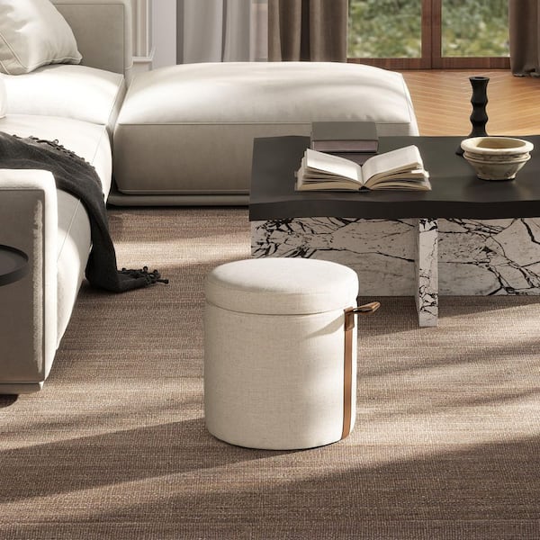 Corli White Modern Upholstered Linen Round Storage Ottoman with Leather Accent Strip
