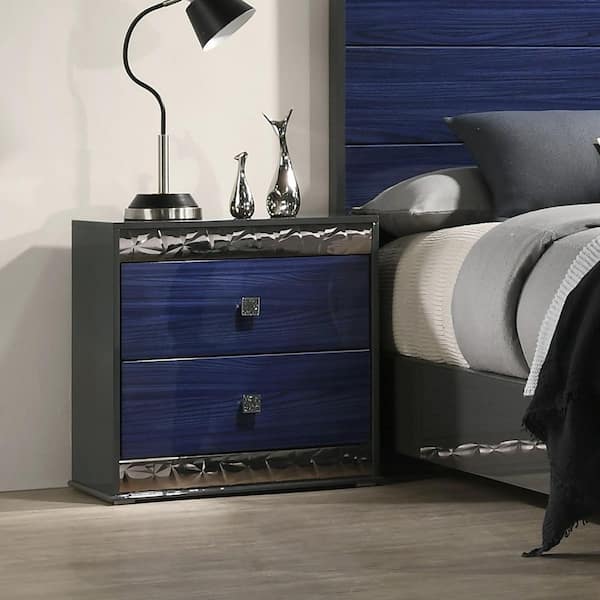 Ellia Ash Gray and Indigo Blue 2-Drawer 25 in. W Nightstand with Wooden Panels and Geo Chrome Molding