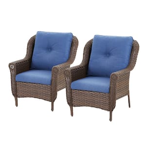 Chrysanthemum Armrest Series 2-Pack Outdoor Brown Wicker Outdoor Lounge Chair with CushionGuard Blue Cushions