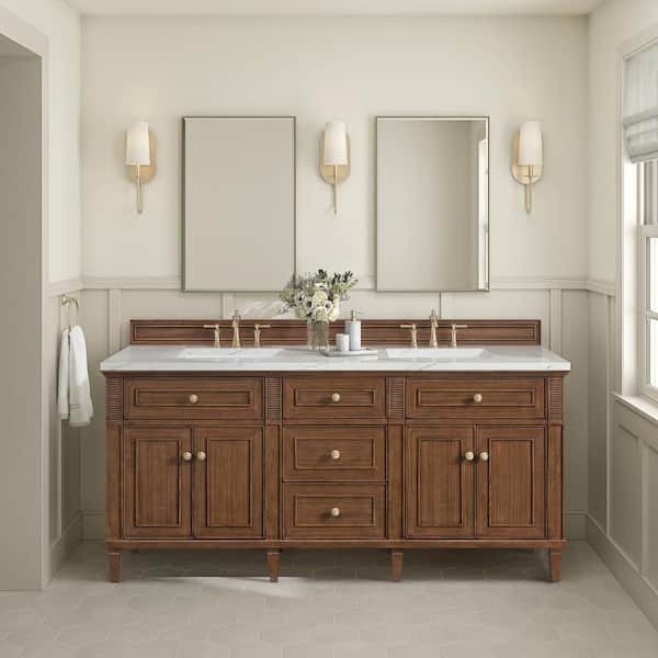 James Martin Vanities Lorelai 72.0 in. W x 23.5 in. D x 34.06 in. H Double Bathroom Vanity in Mid-Century Walnut & Ethereal Noctis Quartz Top