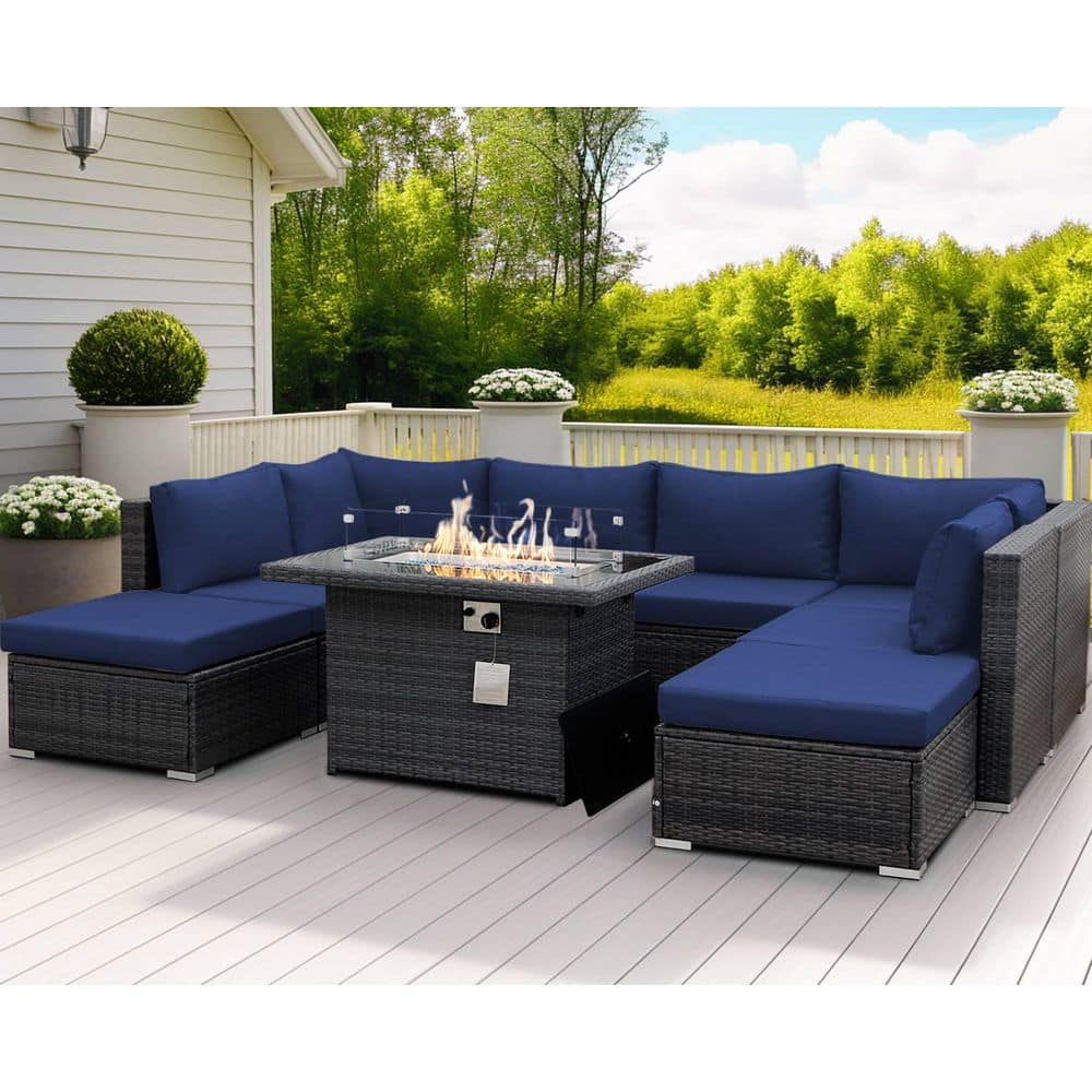 Backyard 9-Piece Patio Gray Rattan Deep Seating Sectional Sofa Set with Fire Pit Table Navy Blue Cushions and Ottomans price history on PriceWatchPro
