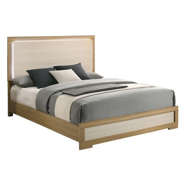 Alissa Natural-White Color Wood Frame Eastern King Panel Bed With LED Light