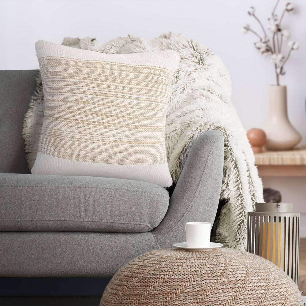 Ivory and Tan Striped Jute Cotton 20" Square Throw Pillow