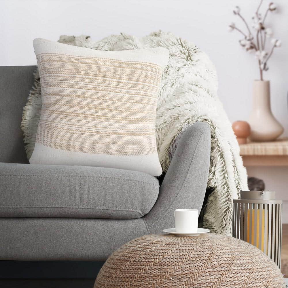 Ivory and Tan Striped Jute Cotton 20" Square Throw Pillow