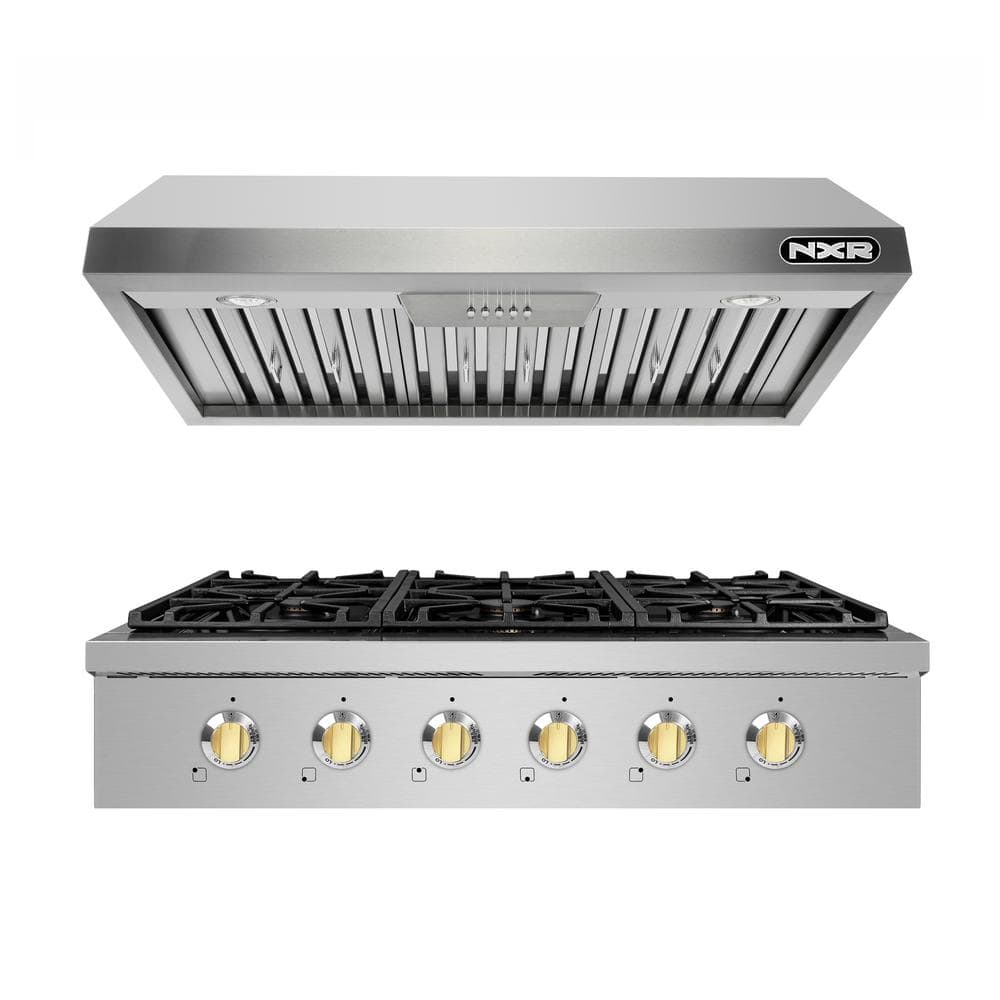 Entree Bundle 36 in. Pro-Style Liquid Propane Gas Cooktop in Stainless Steel and Gold with 6 Burners and Range Hood