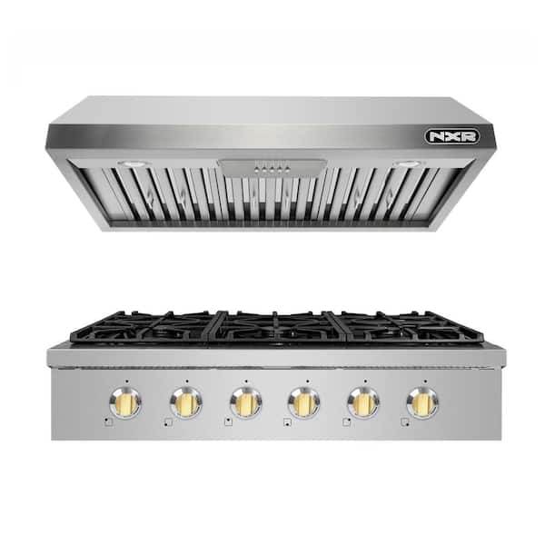 NXR Entree Bundle 36 in. Pro-Style Liquid Propane Gas Cooktop in Stainless Steel and Gold with 6 Burners and Range Hood