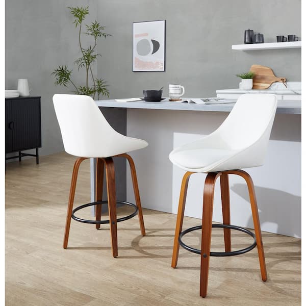 Lumisource Diana 26 in. Walnut Wood and White Faux Leather with Round Black Metal Footrest Fixed-Height Counter Stool (Set of 2)