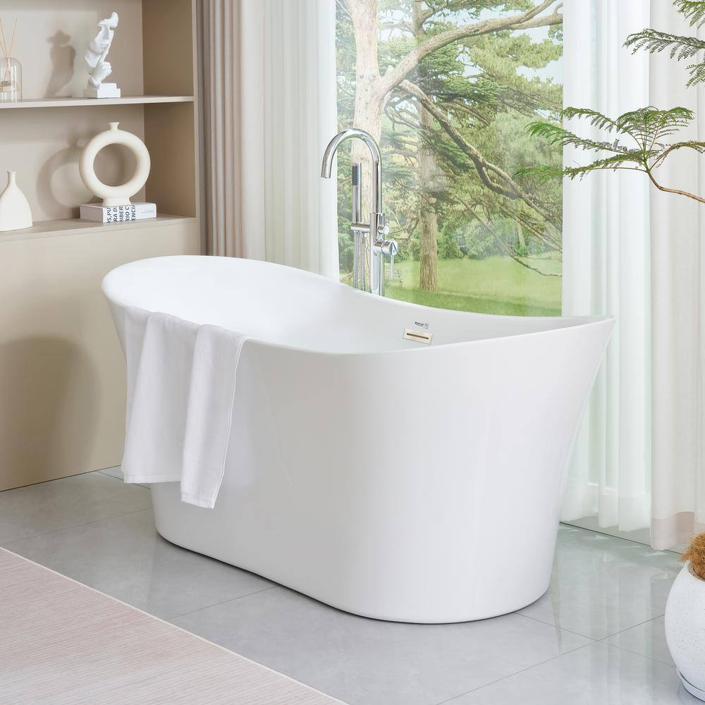 67" White Acrylic Freestanding Soaking Bathtub with Brushed Nickel Trim