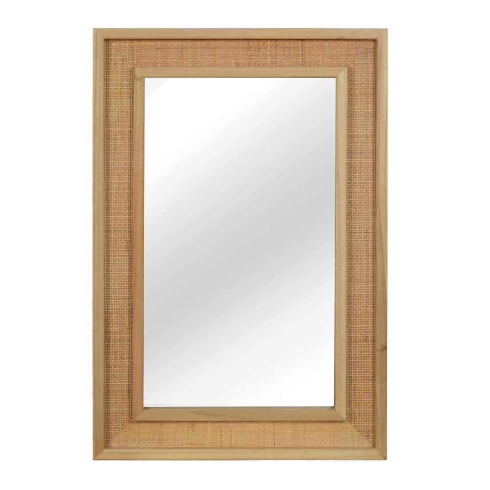 24 in.W × 36 in.H Natural Wood Rattan Rectangle Mirror, Solid Wood Frame Wall-Mounted Decorative Mirror