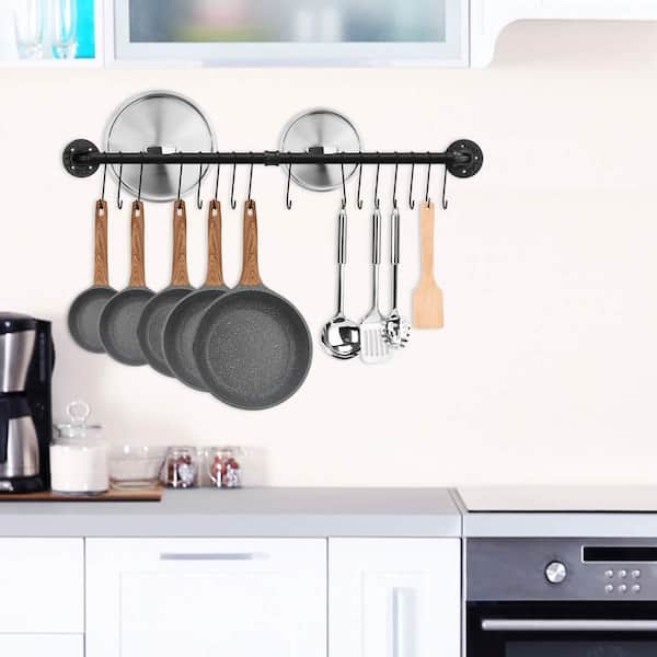 39.4 in. Black Wall Mounted Pot Rack with 16-Hooks, Detachable Pan Lid Utensils Organizer, Hanging Pot Rack Rail