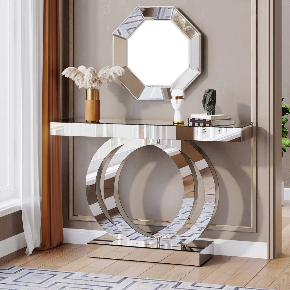 Silver Mirrored Glass Console Table with Crystal Inlays, 43-Inch